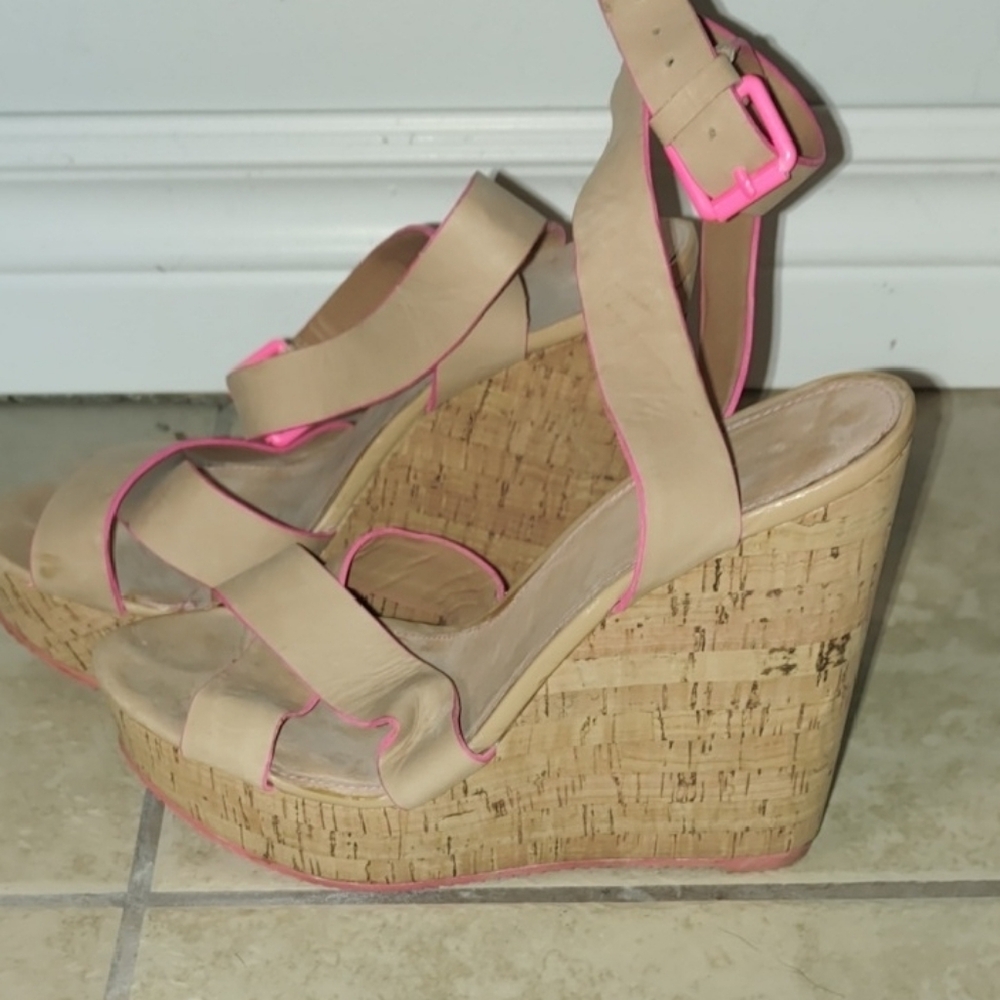 Aldo Beige and Neon Pink Wedge Sandals - Picture 3 of 4